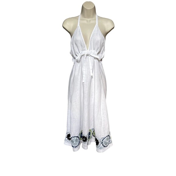 Diane Von Furstenberg  Size Large Y2K White 100% Linen Embroidered Halter Dress - Picture 1 of 14
